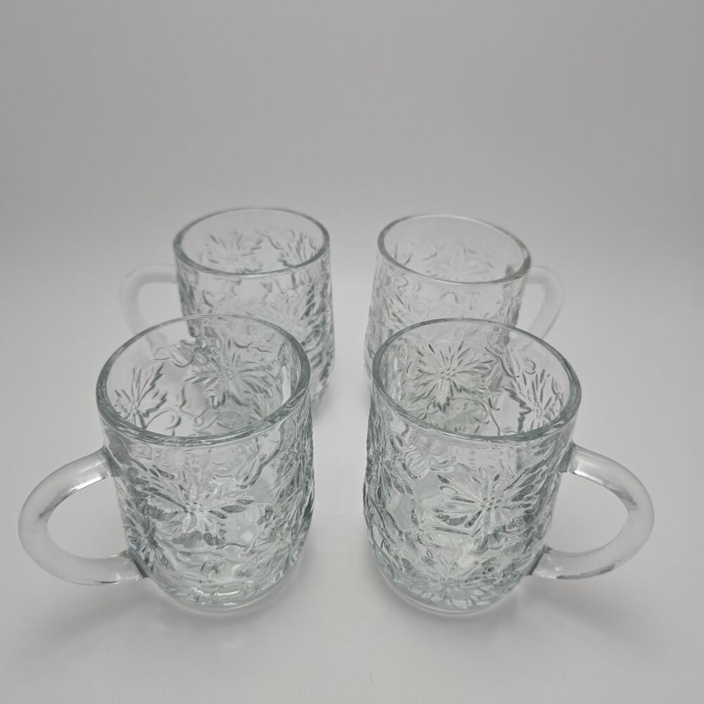 Princess House Fantasia Mugs Set of 4 Clear Glass Poinsetta